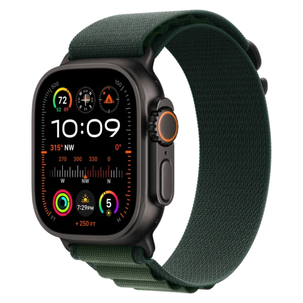 Apple Watch Ultra 2 Black Titanium Case with Dark Green Alpine Loop